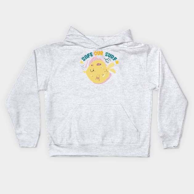 Safe our Surf quote with cute sea animal fish, starfish, coral and shell Kids Hoodie by jodotodesign